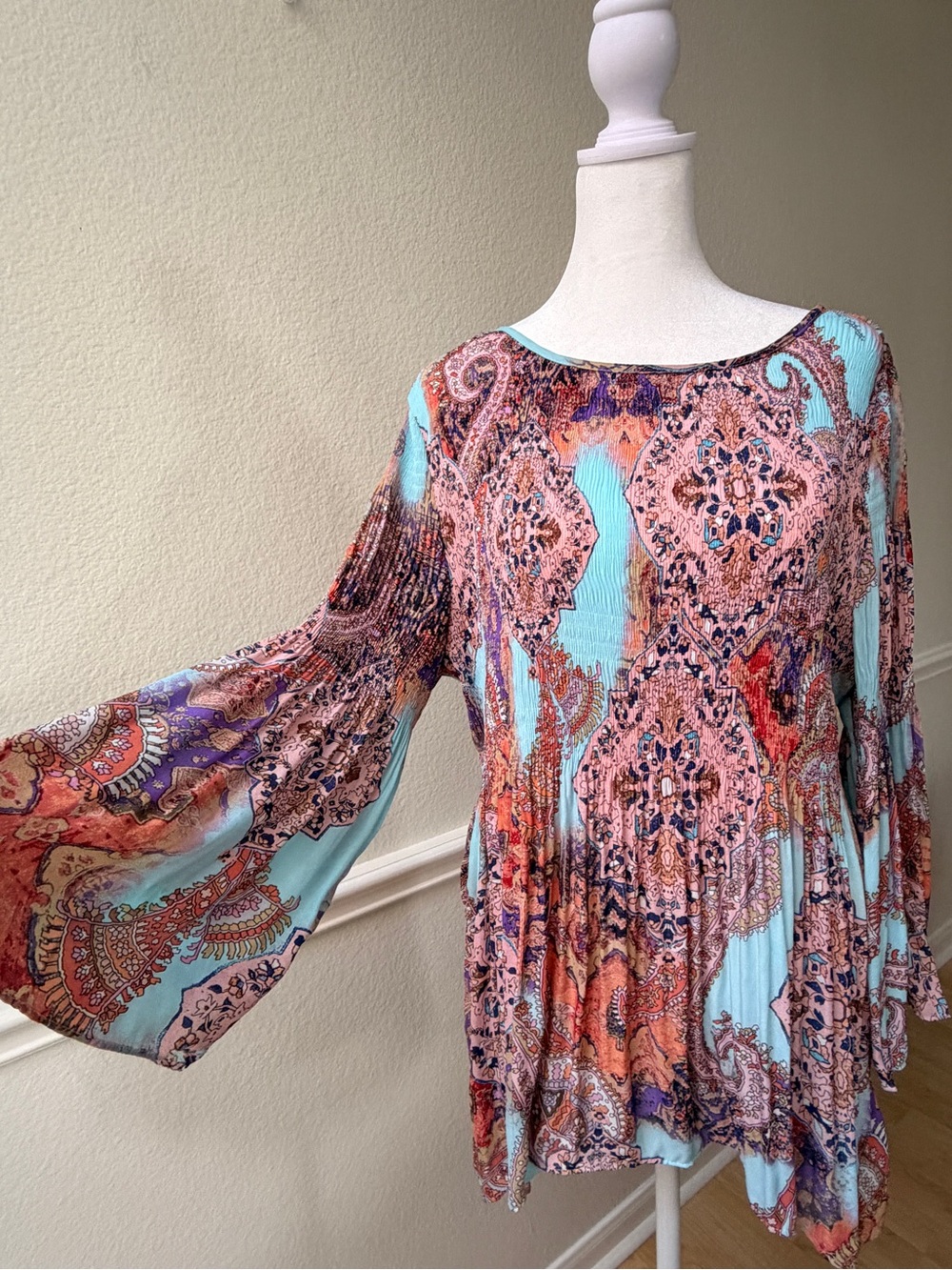 Boho Paisley Bell Sleeve Tunic Top Oversized Flowy Festival Artsy Gypsy Fairy XL